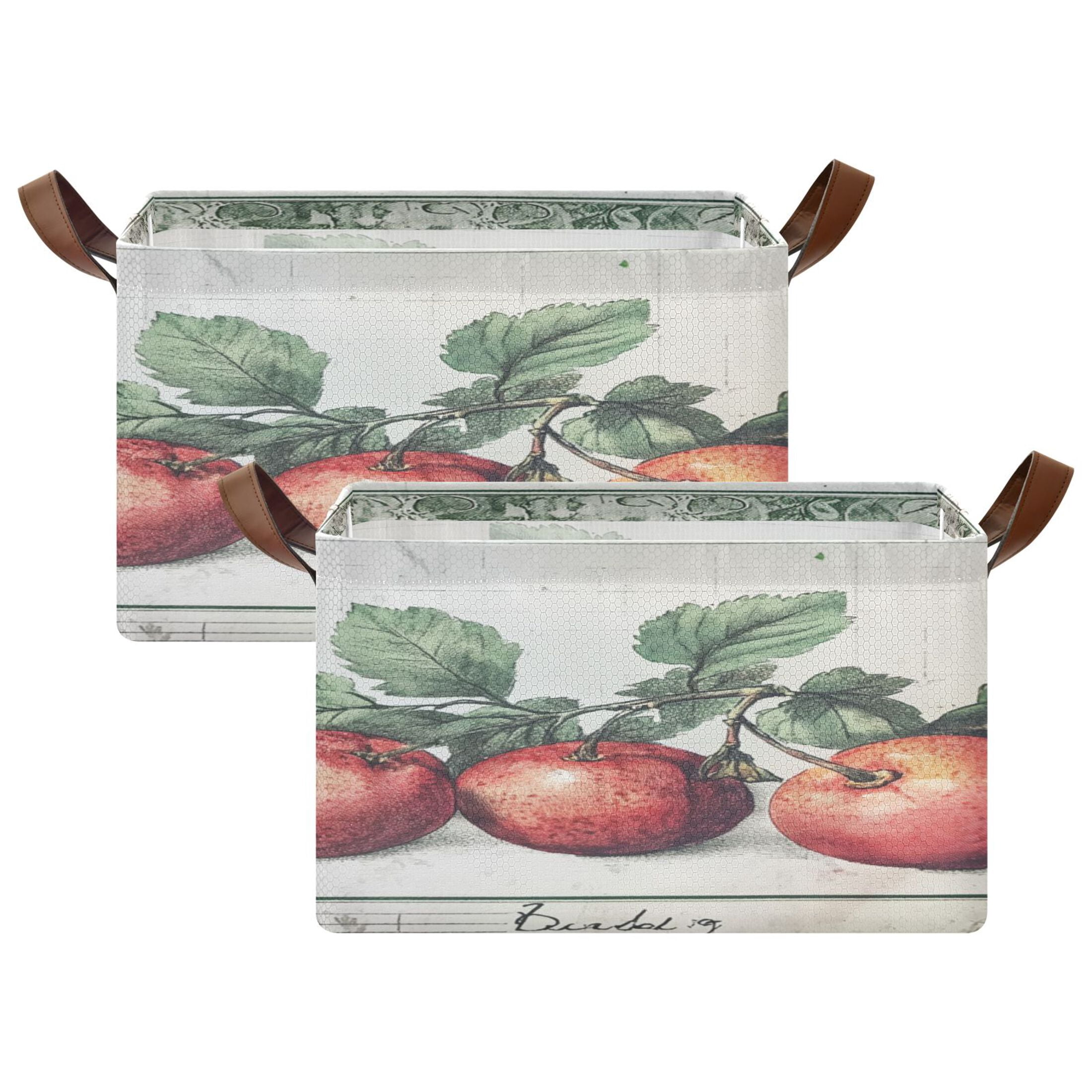 Red Fruit Picture Storage Basket Soccer Plaid Fabric Hoard Box Oversized Collapsible Closet Organizer with Metal Iron Frame 16.9×11.4×10in