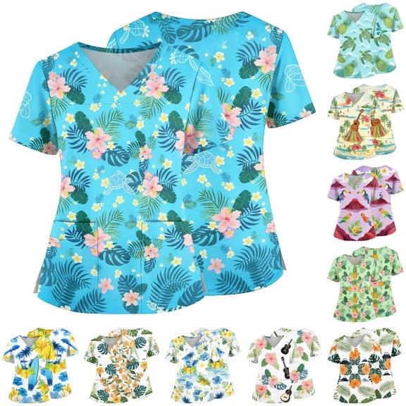 Tropical Print V-Neck Scrub Top for Women, Short Sleeve Medical Tunic with Pockets - Loose Fit Side Slit Work Shirt featuring Hibiscus & Turtle Pattern Army Green L