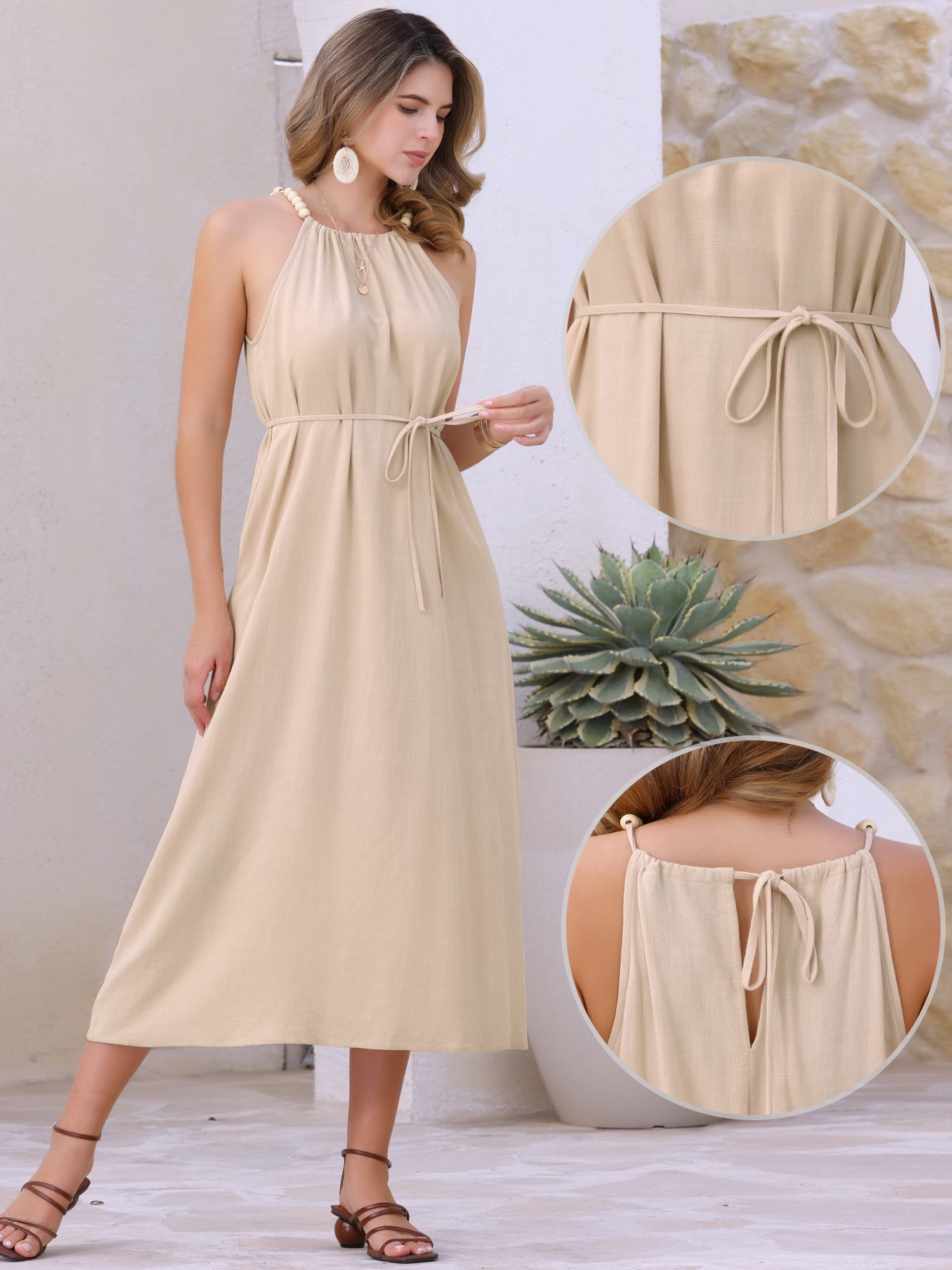 DARING DIVA Halter Neck Belted Casual Summer Midi Dress L Apricot