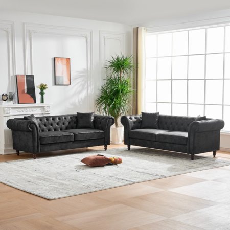 3+3 Seater Sofa Set Chesterfield ? tech Fabric Sofa,High-tech Fabric Roll Armrest Sofa,Upholstered Mid Century Modern Couch,3 Seat+3 Seat Combo Couch for Living Room, Office, Apartment, Black