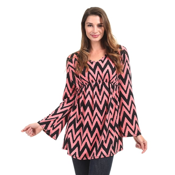 WT1456 Womens Print Long Sleeve Empire Waist Line Tunic Top