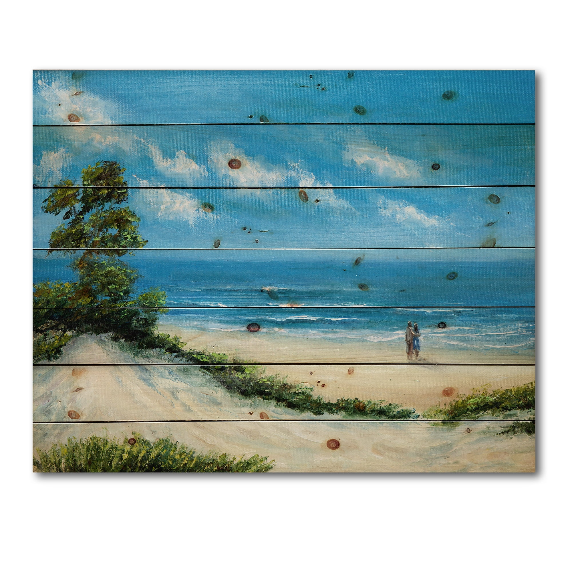 Designart 'Couple At The Beach In Sunlight' Nautical & Coastal Print on Natural Pine Wood