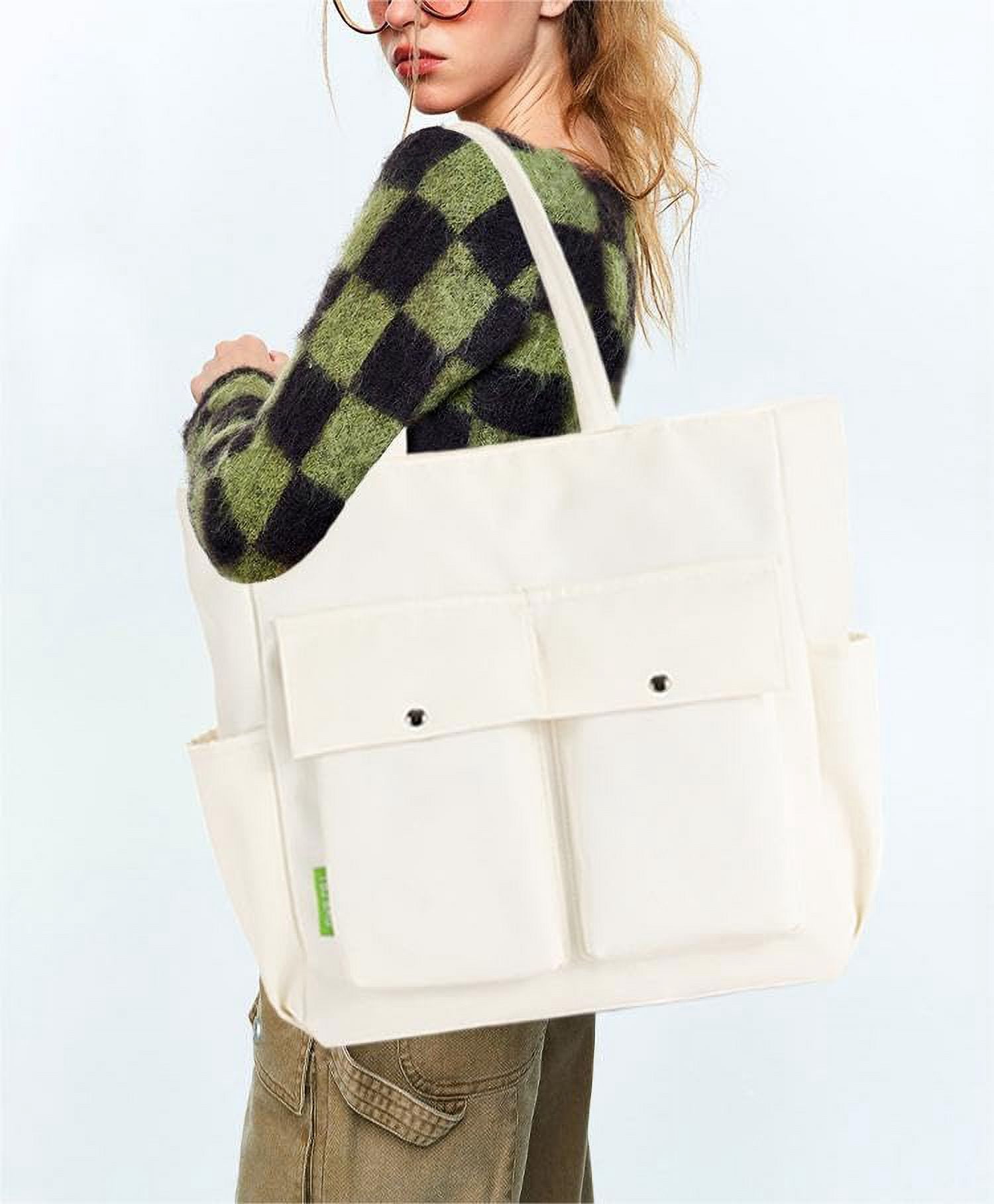 Women Multi Pockets Zipper Waterproof Lightweight Tote Bag Casual Large Shoulder Handbags Cute Canvas College Totes