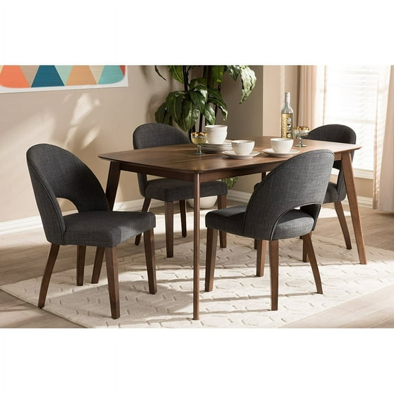 Baxton Studio Wesley Mid-Century Modern Fabric Upholstered Walnut Finished Wood 5-Piece Dining Set, Multiple Colors