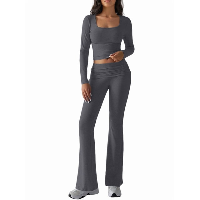 2 Piece Square Neck Lounge Set Womens Wide Leg Pants Slightly Crop Top Sweatsuit Sets Light Gray L