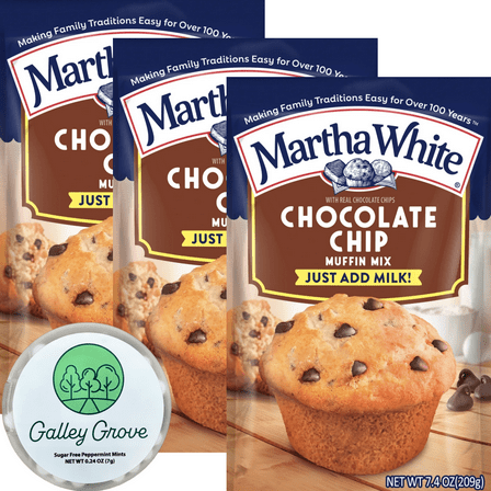 Martha White Chocolate Chip Muffin Mix (3-PACK) Bundle With Galley Grove Sugar Free Peppermint Breath Mints