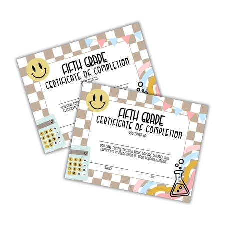 5th Fifth Grade Graduation Certificate of Completion Award 30pk 8.5x11 End of Year Hand Out Tan Neutral Checkered Modern 90s Smiley Faces Friendship Bracelets