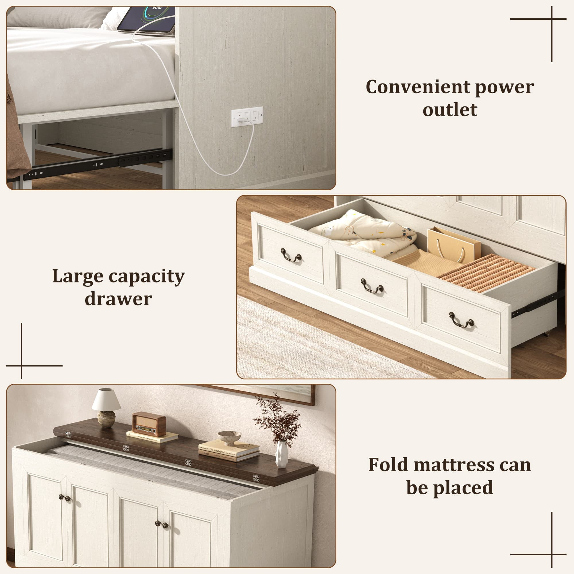 Queen Size Murphy Cabinet Bed with Large Drawer and Power Charging Station,Farmhouse Chest Bed for Living Room/Guest Room, No Wall Mounting Required