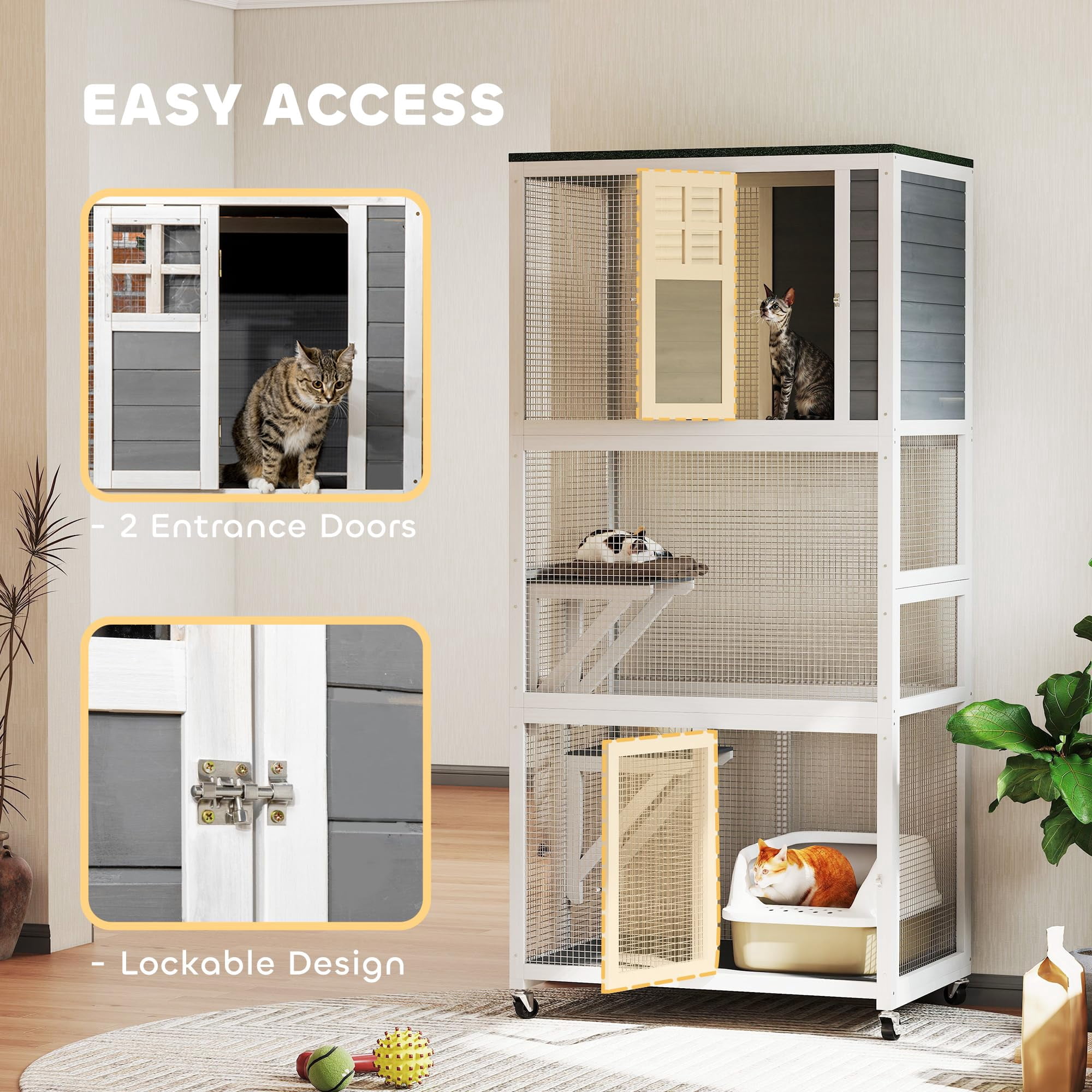 Wooden Catio Outdoor Cat Enclosure with Wheels Weatherproof Large Cat House for Outside Play High Weight Capacity Dark Gray