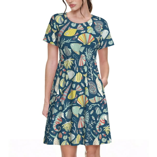 Bixox Robe d'Été à Manches Courtes pour Femmes Robe Ample Longueur Genou avec Poches-Insecte sous-Marin