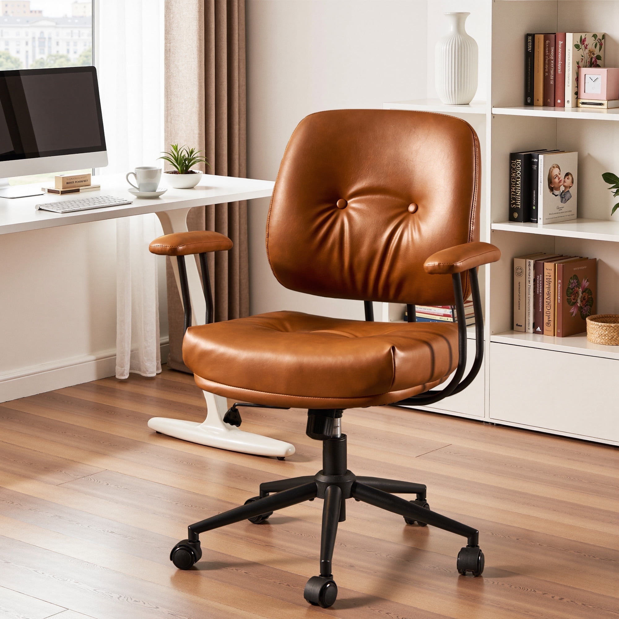 Toject Office Chair, Executive Desk Chair with Lumbar Support, Comfy Office Chair Adjustable Height Rolling Swivel Chair, Computer Chair Task Chair for Office Area, PU Leather, Brown