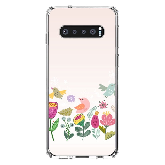 DistinctInk Clear Shockproof Hybrid Case for Samsung Galaxy S10  PLUS(6.4" Screen) - TPU Bumper, Acrylic Back, Tempered Glass Screen Protector - Spring Collection - Flowers and Birds