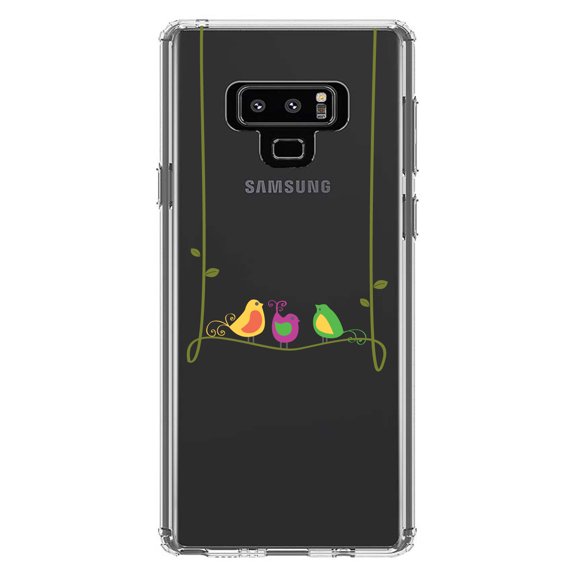 DistinctInk Clear Shockproof Hybrid Case for Samsung Galaxy Note 9 - TPU Bumper Acrylic Back Tempered Glass Screen Protector - Colorful Birds Cartoon on a Vine