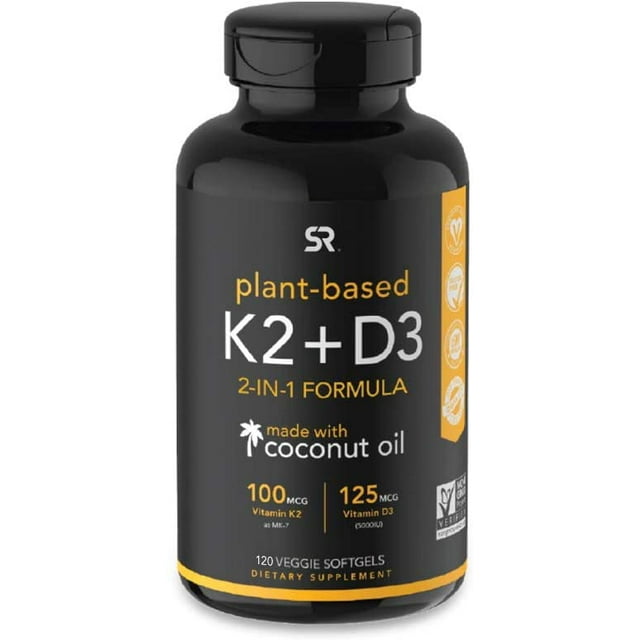Vitamina D3 (5000iu) + K2 (100 mcg) Sports Research 98562760858 con Aceite de Coco Orgánico 120 Capsulas Blandas Negro Sports Research 98562760858