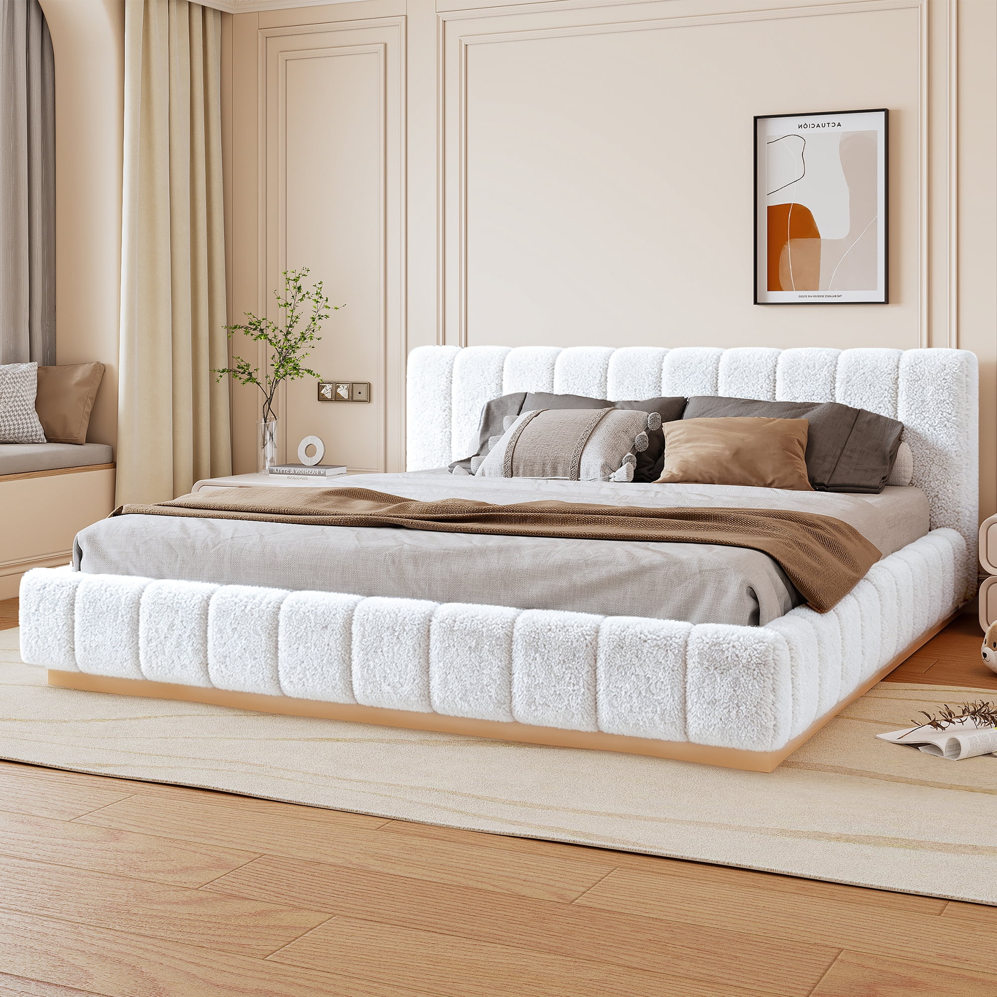 Euroco Boucle Upholstered King Size Platform Bed, White