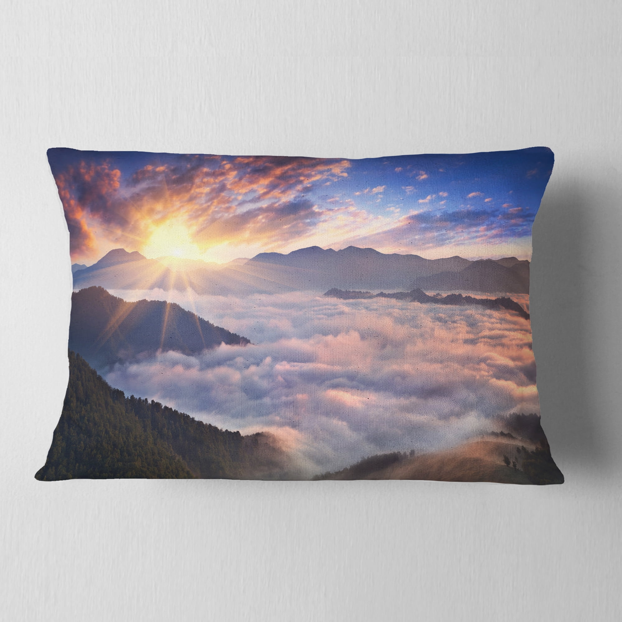 Designart Bright Sun in Misty Mountains - Landscape Photography Throw Pillow - 12x20