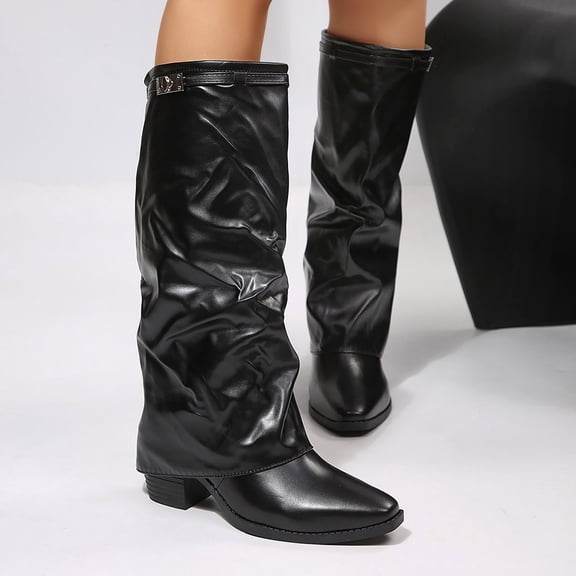 Boots for Women Mid Heel Knee High Boots Pointed Toe Slouch Boots with Metal Buckle Strap for Fall Winter Casual Outdoor Daily Wear
