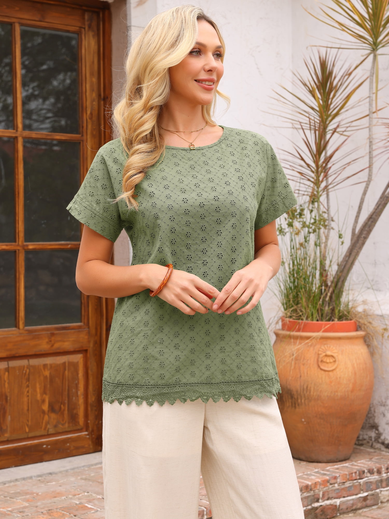 DARING DIVA Women's Eyelet Tops Short Sleeve Crewneck Contrast Lace Hem Blouses XL Green