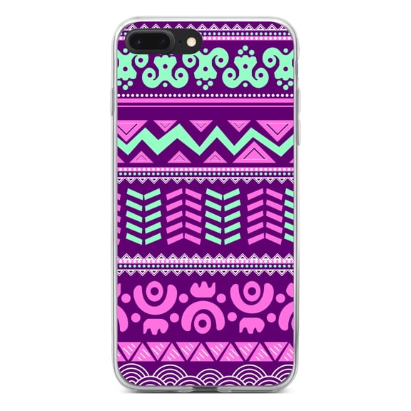 DistinctInk Clear Shockproof Hybrid Case for iPhone 7 PLUS / 8 PLUS (5.5" Screen) - TPU Bumper, Acrylic Back, Tempered Glass Screen Protector - Pink Green Aztec Tribal