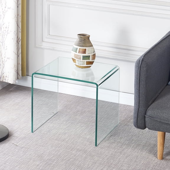 SMARTIK N-Shape Glass End Table, Clear Nightstand for Living Room, Modern