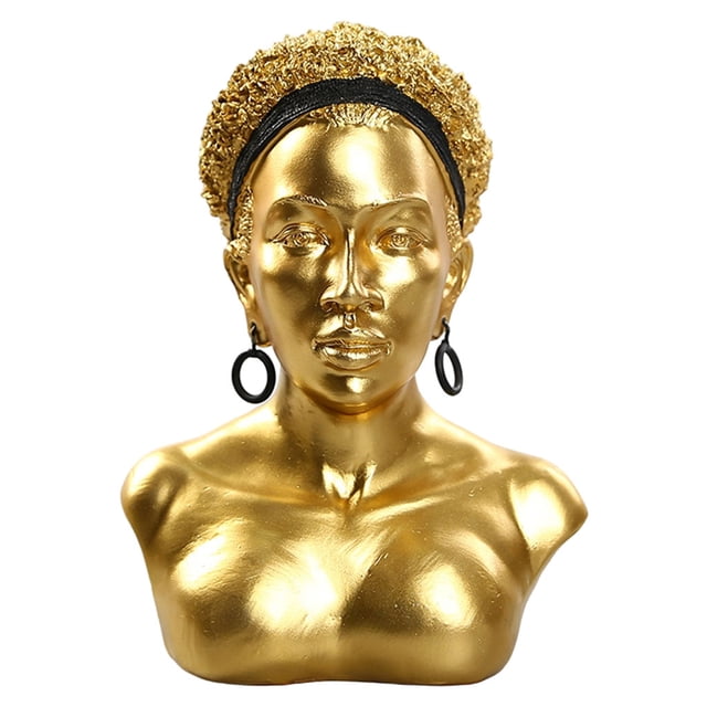 Exquisita escultura de busto de mujer africana, resina, cabeza de dama, Cabello Afro Dorado Sunnimix Escultura de resina