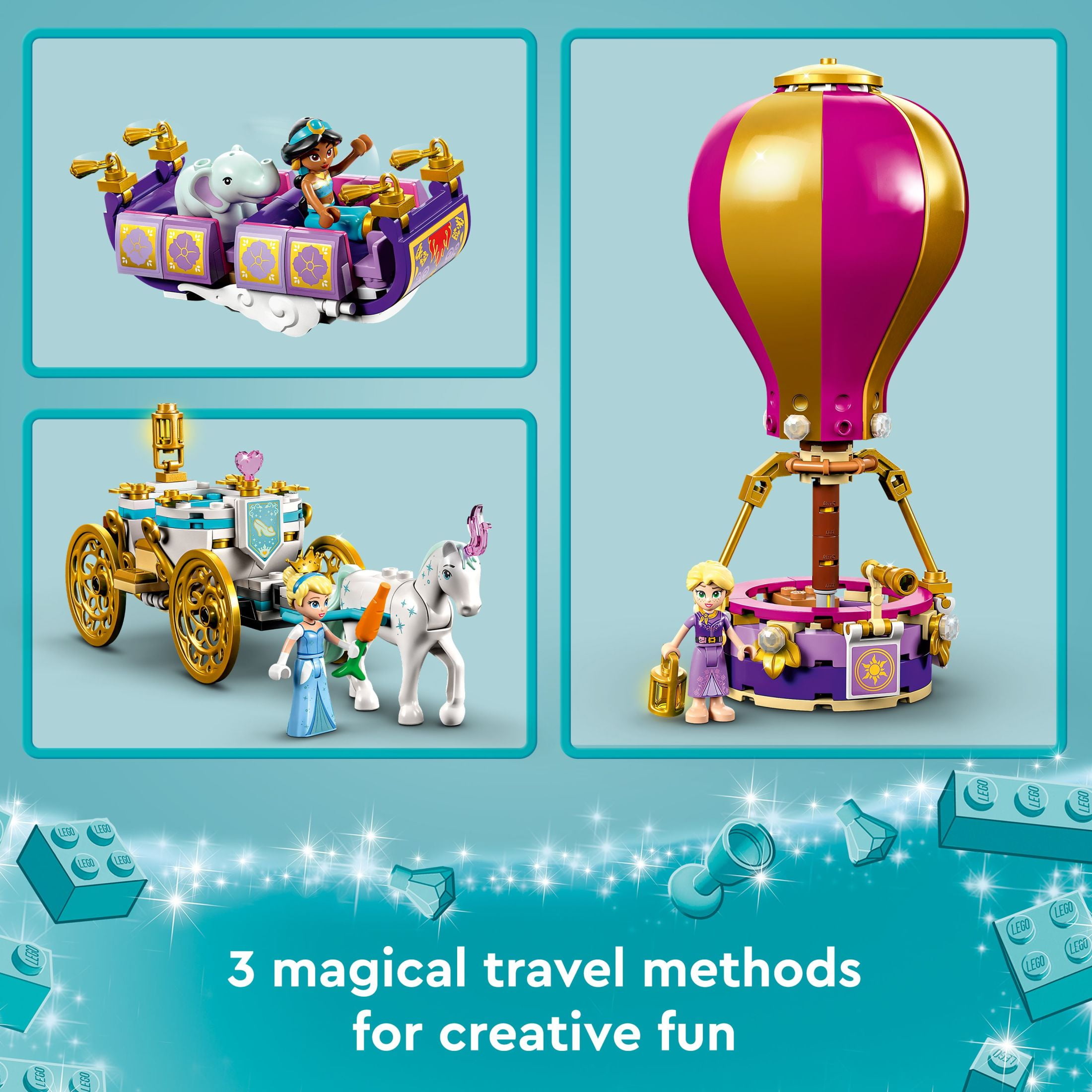 LEGO Disney Princess Enchanted Journey 43216 Building Set - 3in1 Playset with Cinderella, Jasmine, Rapunzel Mini Dolls, Toy Horse & Carriage, Hot Air Balloon, Gift for Girls, Boys, and Kids Ages 6+