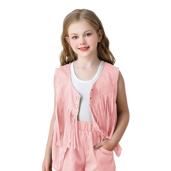Mercatoo Girls Tassel Vest Hippi1 Sleeveless Faux Suede R1v11s Kids Western Style Retro Performance Cowboy Co1girl Clothes