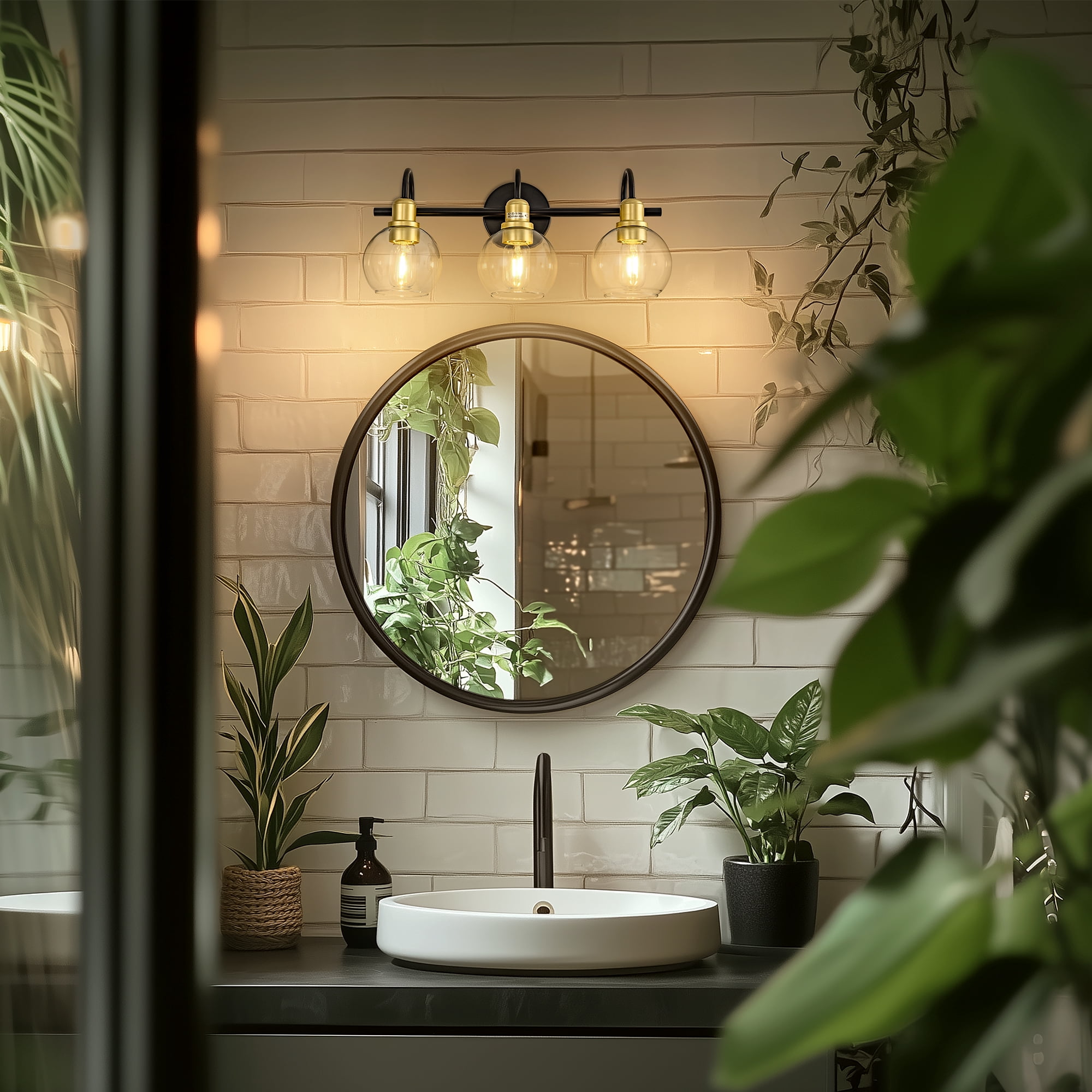 YANSUN  19.68 in 3-Light Matte Black and Gold Industrial 3-Light Bathroom Vanity Light with Clear Glass Globe Shades, for Bathroom, Powder Room, Vanity Table