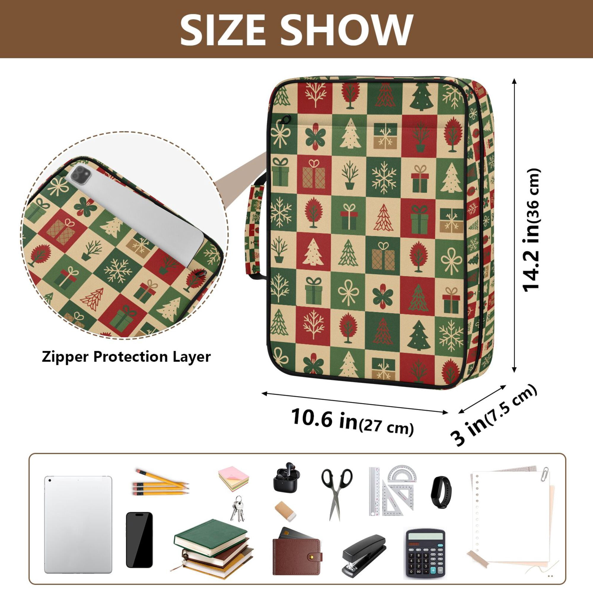FORMRS Accordion File Folder A4 Size 7-Pocket Expanding Document Organizer Bag with 3 Ring Binder, Christmas Plaid Pattern
