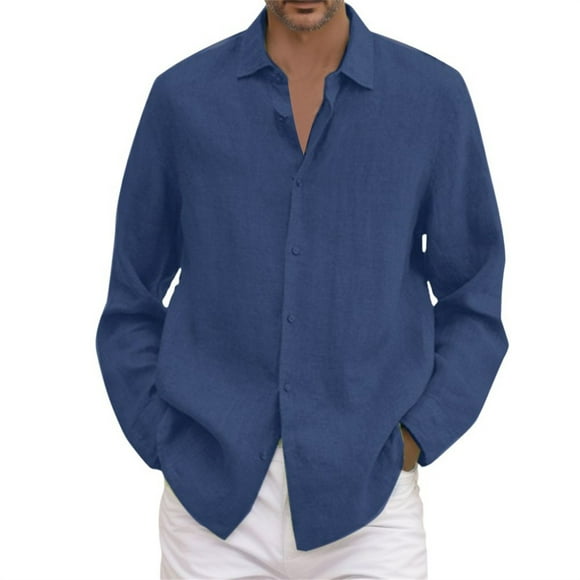 Ketyyh-chn99 Big And Tall T Shirts for Men Fall Clothes Male Summer Solid Casual Plus Size Loose Shirt Mens Turn Down Long Sleeve Shirt Blue,4XL
