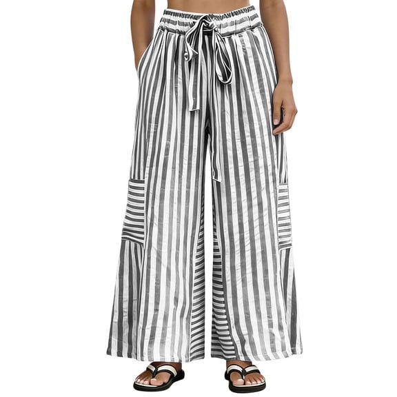 Kezqiaxn Womens Wide Leg Pants Summer Drawstring Striped Elastic Waist Loose Casual Trousers with Pockets Plus Size Pants