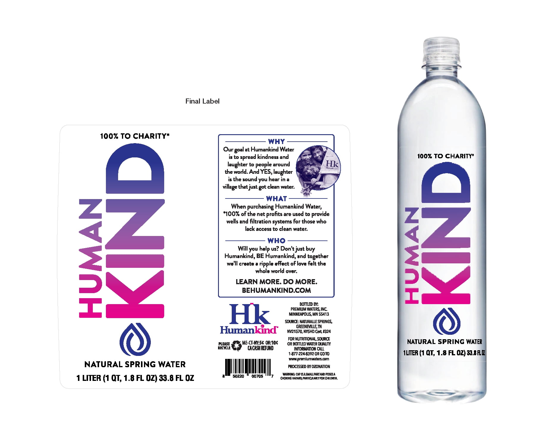 Humankind Natural Spring Water, 33.8 Fl Oz, Bottle