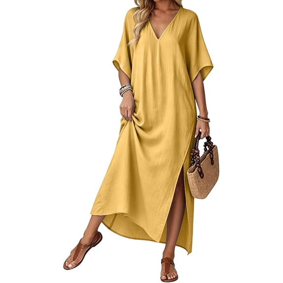 Kaftan Dress, Women Beach Cover Up Maxi Dress, Boho Dress V Neck Batwing Sleeve Split Long Loose Sundress Vacation Cruise Resort Wear Summer Outfit