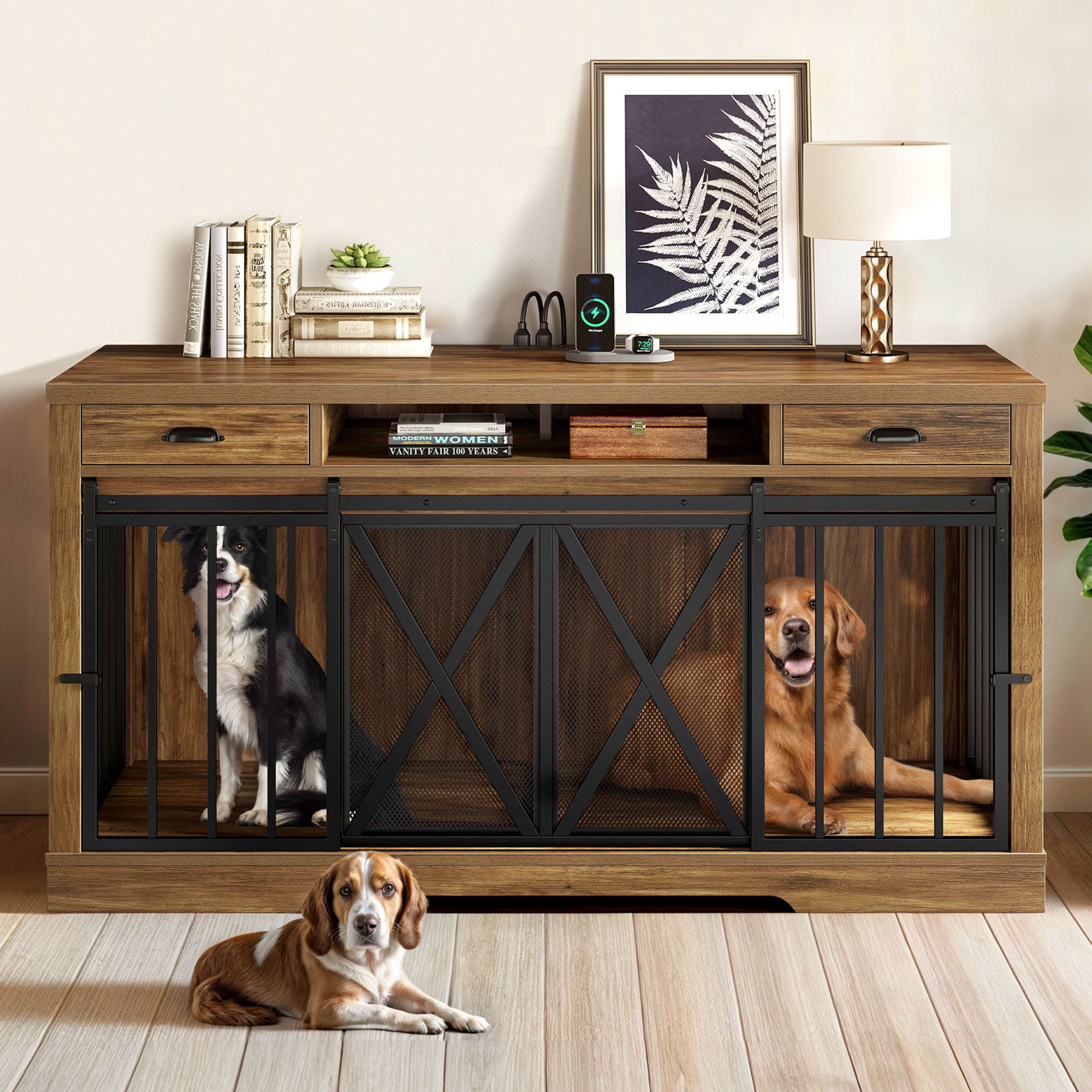 DWVO Large Dog Crate Furniture TV Stand with Charging Station, 63in Rustic Heavy Duty Metal Wooden Dog Crate and Kennel for Small Medium Large Dogs