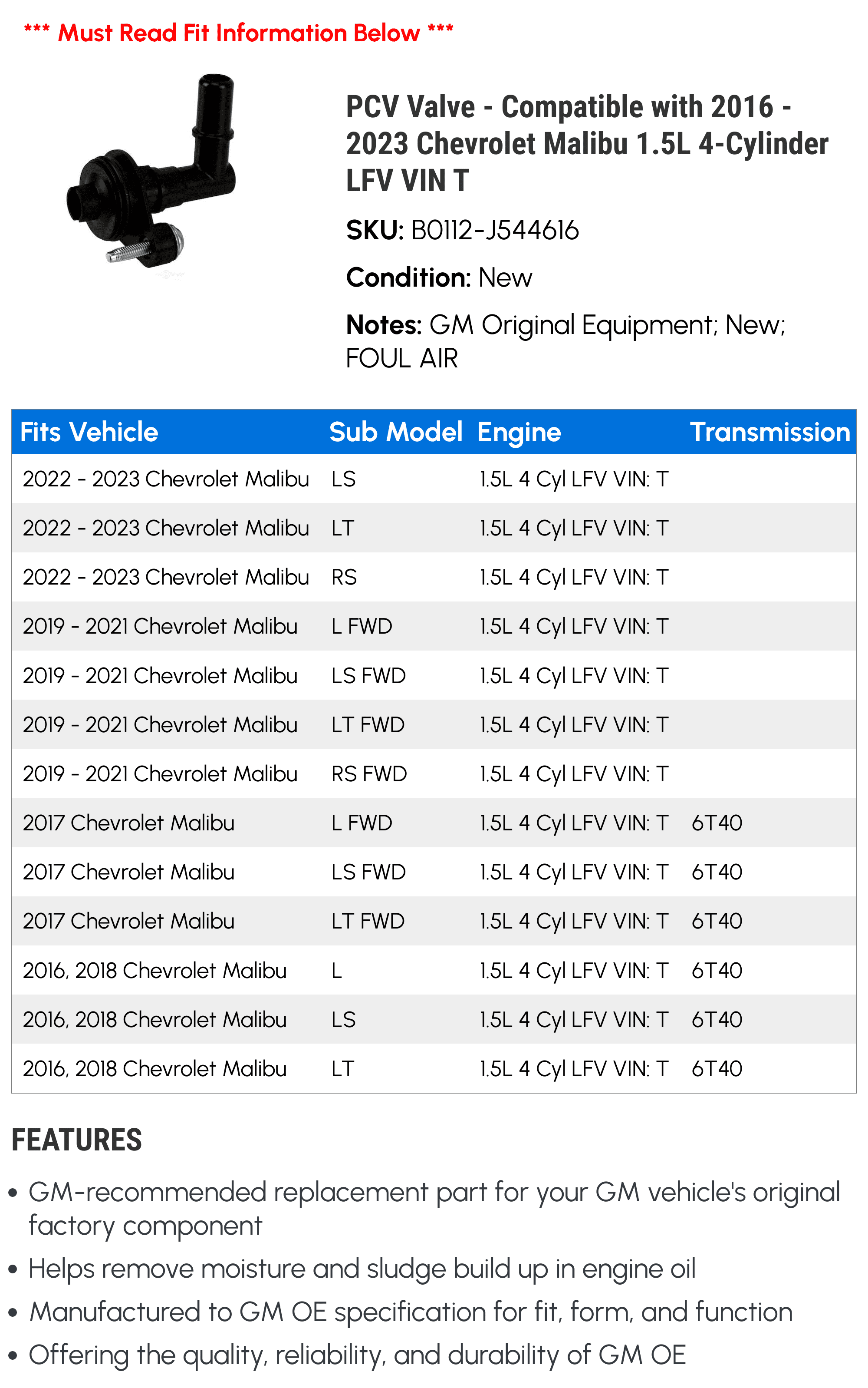 PCV Valve - Compatible with 2016 - 2023 Chevy Malibu 1.5L 4-Cylinder LFV VIN T 2017 2018 2019 2020 2021 2022