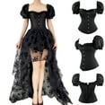 thumbnail image 3 of Womens Y2k Gothic Outfits, Floral Lace Mesh Skirt High Low Hem, Puff Sleeve Square Neck Corset Top with Ruffles (XX-Large, Black Top), 3 of 4