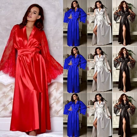 Womens Silk Satin Deep V Bathrobe Pajamas Robe Lingerie Sleepwear