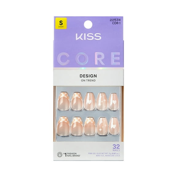 KISS CORE Design Press On Nails, ‘Cheers’, Pink, Short Coffin, 32 Count
