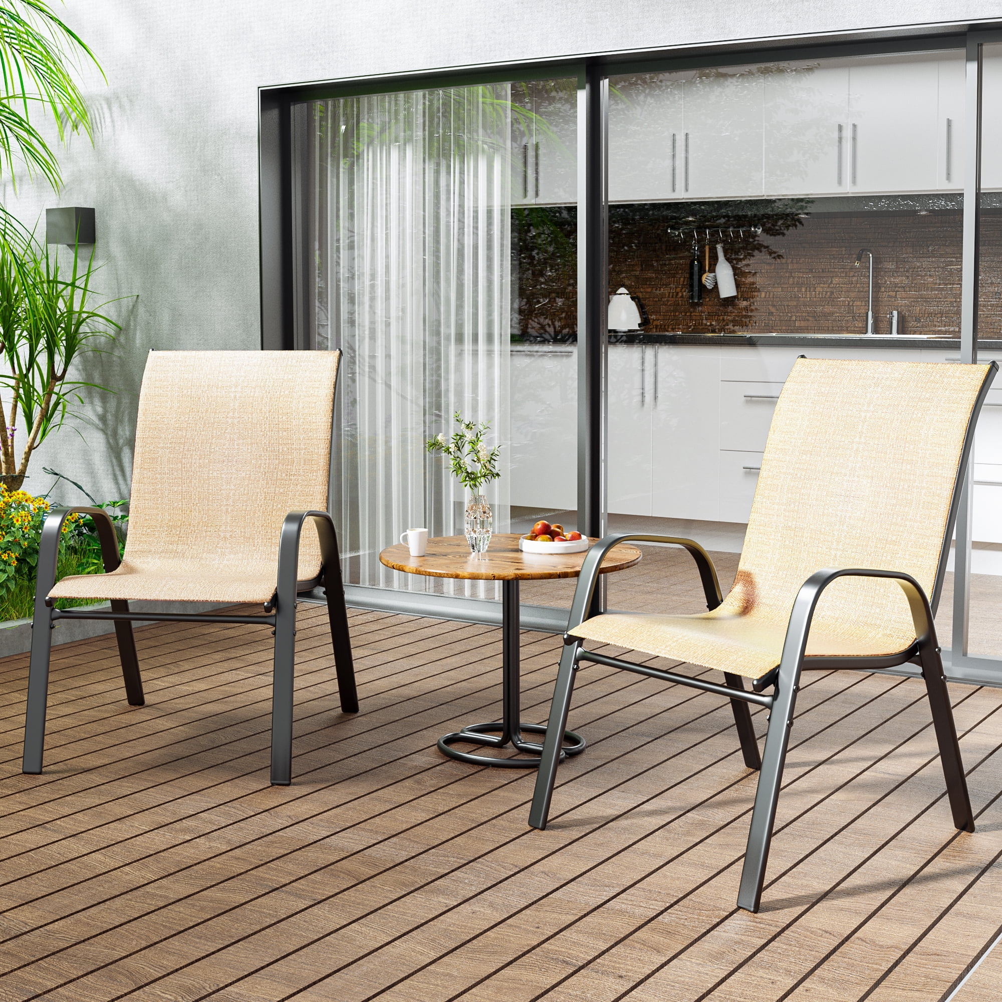Patio Chairs Set of 2, Outdoor Lightweight Stackable Dining Chairs w/All-Weather Textilene Fabric & Metal Frame, 350LBS Capacity, Outdoor Furniture for Pool Deck, Backyard, Garden(Brown)