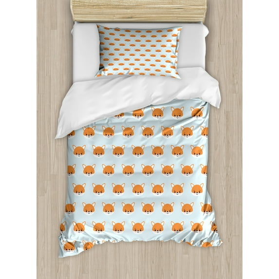 Fox Duvet Cover Set, Themed Pattern with Continuous Animal Head Print, Decorative 2 Piece Bedding Set with 1 Pillow Shams, Twin Size, Pale Blue Persian Orange, by Ambesonne