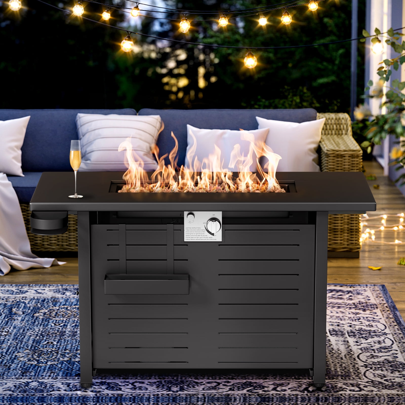 KingChii 45 inch Propane Fire Pit with Lid, Lava Stone, 60,000 BTU Steel Gas Fire Pit Table for Outdoor, Garden, Patio and Backyard, Black