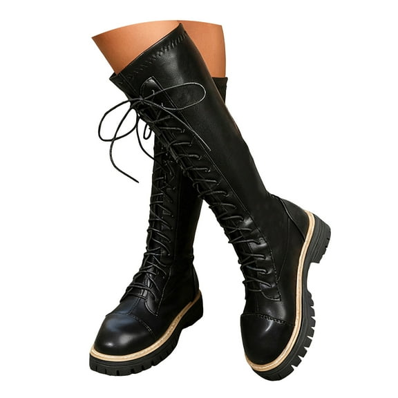 Womens Platform Black Knee High Boots Lace Up Knee Length Combat Booties Thick Sole Non Slip Motocycle Boots