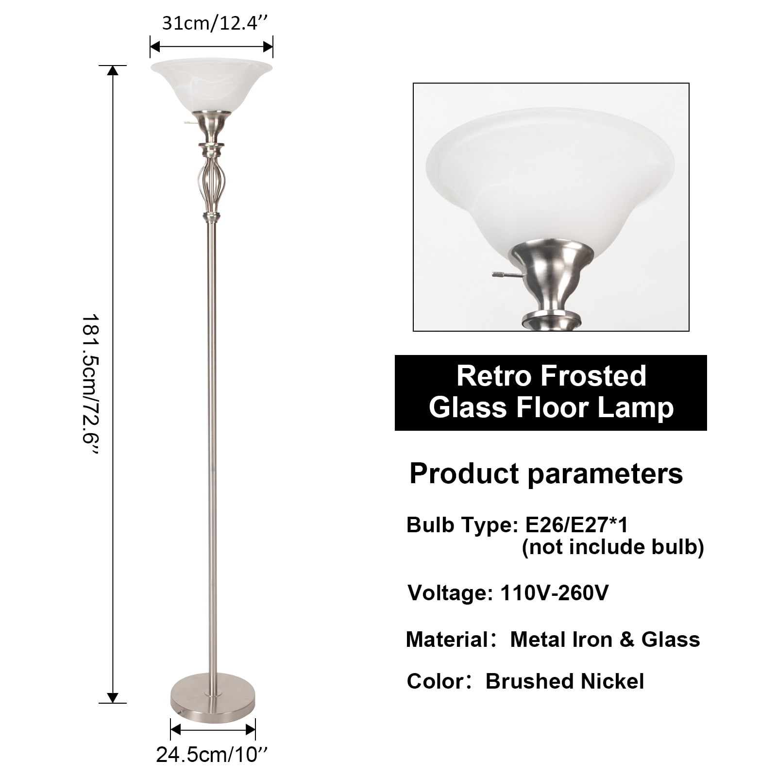 HonoDing 72"Torchiere Floor Lamps for Living Room, with White Alabaster Glass Shade,Brush Nickel