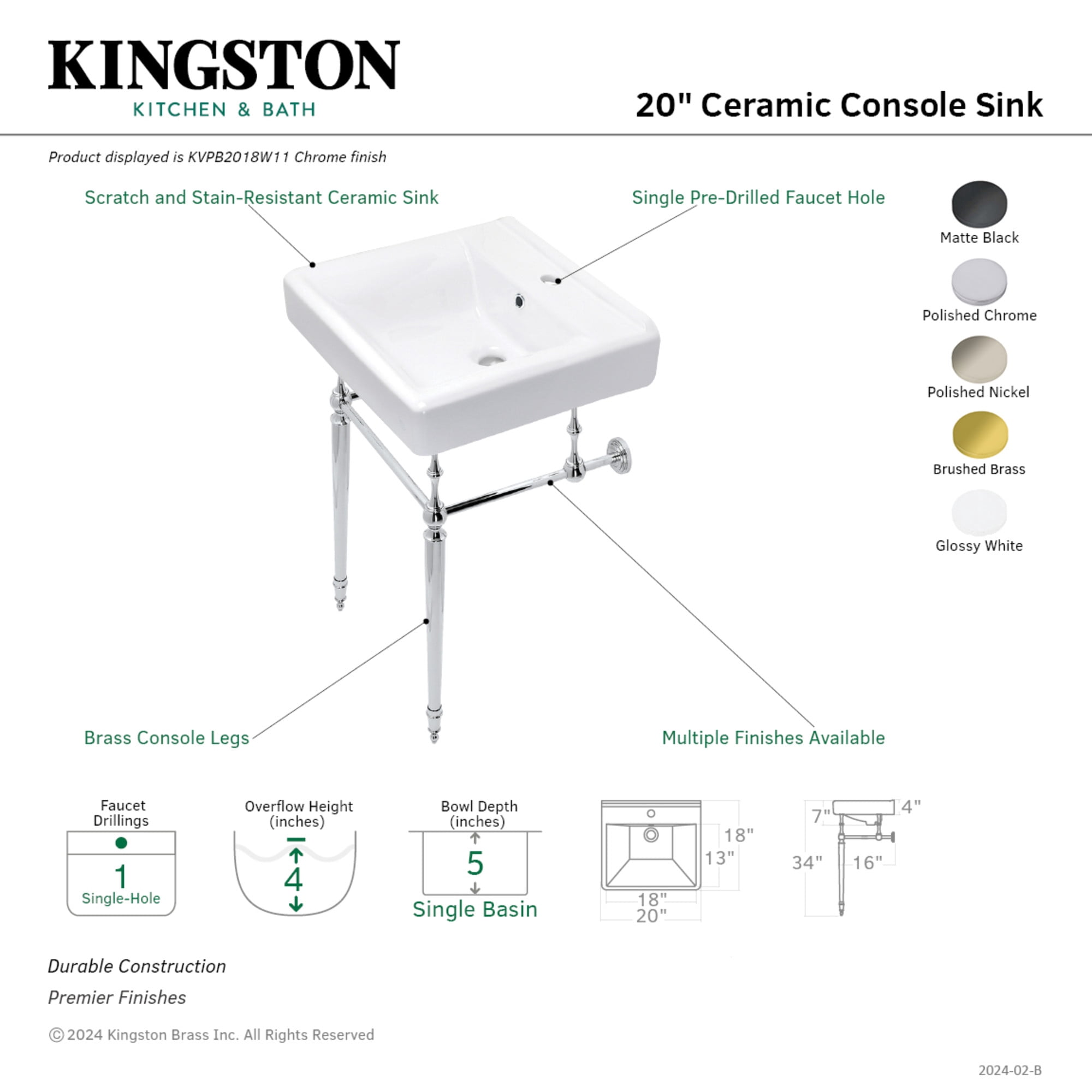 Kingston Brass KVPB2018W16 Edwardian 20" Porcelain Console Sink with Brass Legs (1-Hole), White/Polished Nickel