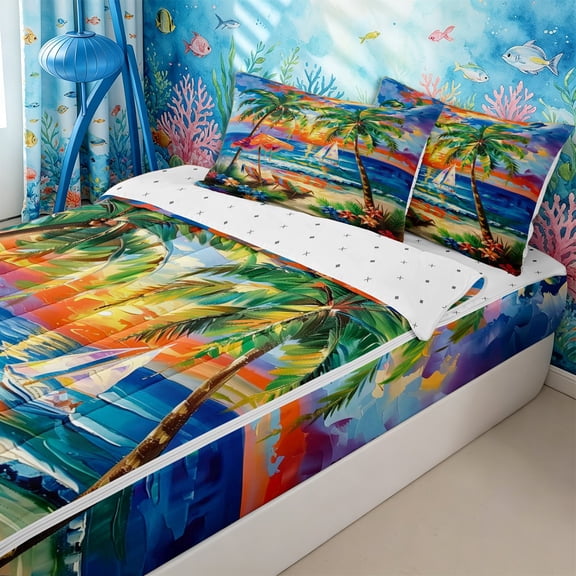 Homewish Coastal Flowers Palm Tree Zipper Twin Comforter Sets with Fitted Sheet and 2 Pillowcases for Teens,Boys Girls Ocean Beach Sunset Zipper Bedding Set,4-Piece