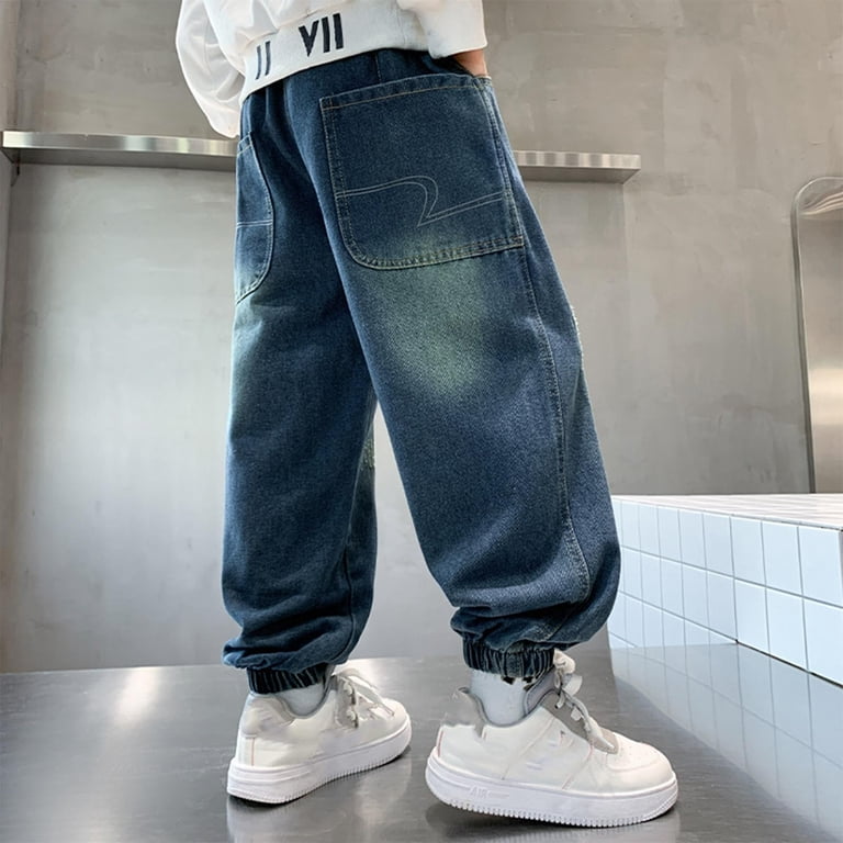 Cowsor Boy's Baggy Jeans Y2K Vintage Wide Leg Denim Pants Hip Hop