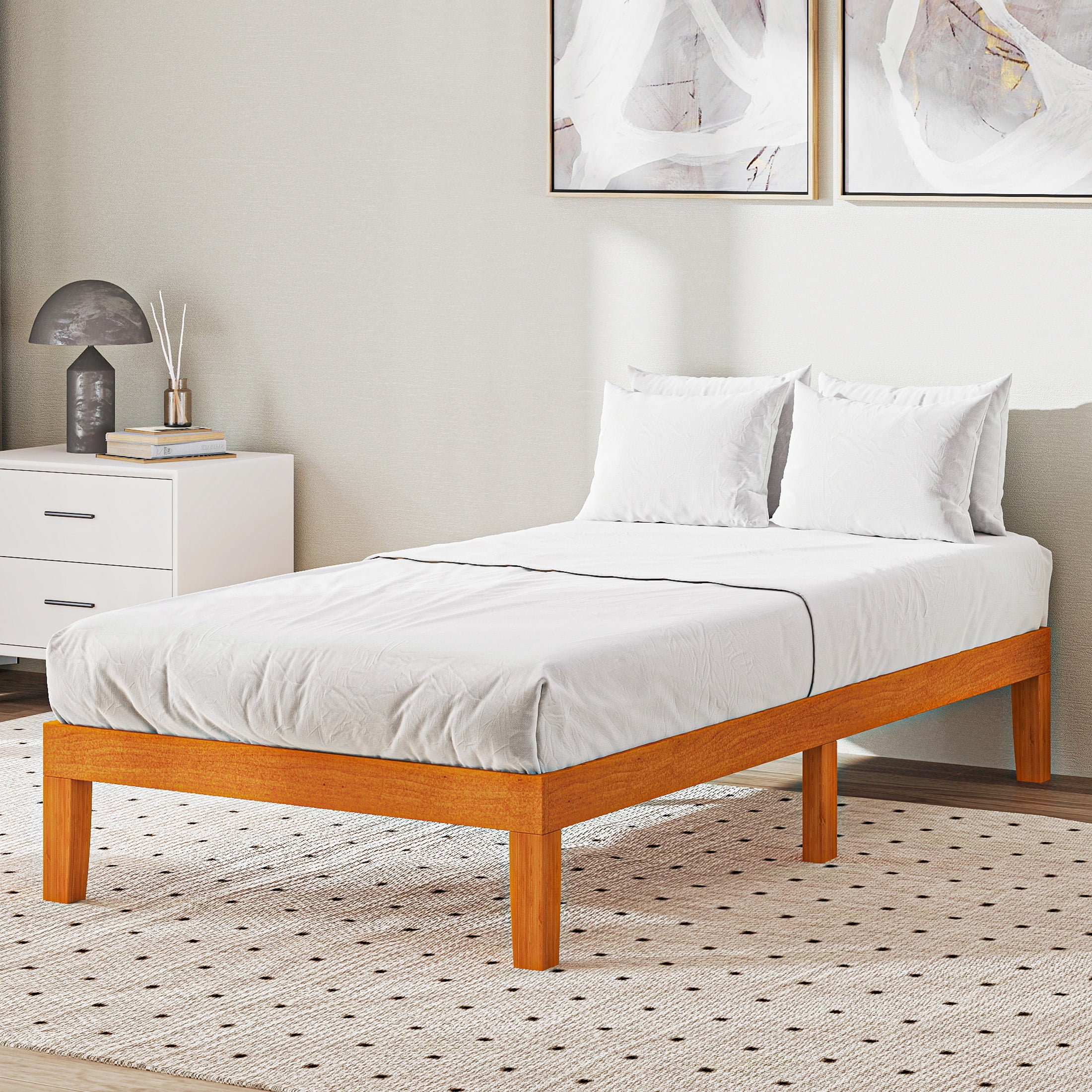 JIOABL Twin Size Wood Bed Frame, 12in Wooden Platform Bed Frame with Support Slats, No Spring Needed, Storage Space Under Base, Natural Pine