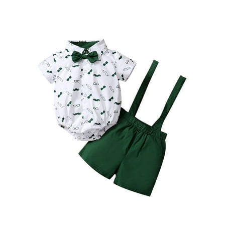 

2pcs Newborn Baby Boy Gentleman Outfits Beard Print Short Sleeve Romper Tops + Suspender Shorts Infant Short Pants Set