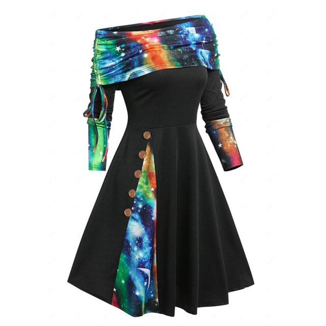 Gibobby Vestidos de suéter anchos Vestido con botones de estampado de Color sólido con hombros descubiertos y manga larga de otoño e invierno para mujer(Azul,G)