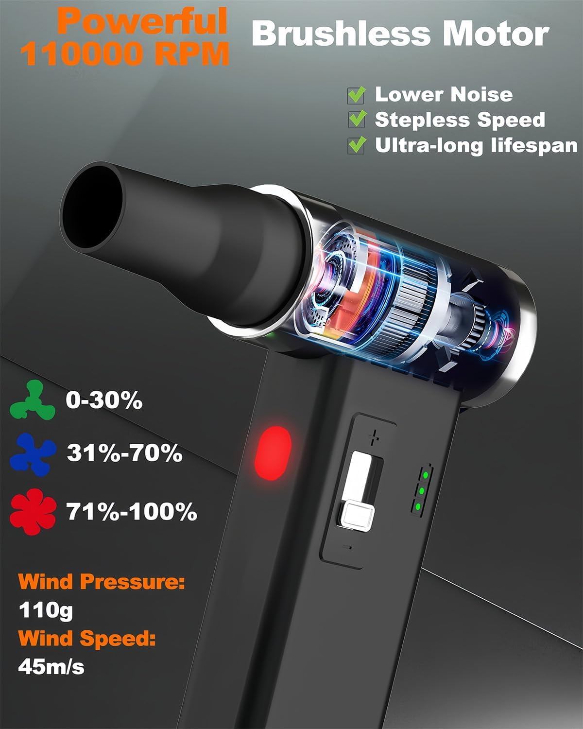 Compressed Air Duster – 110,000 RPM Super Power Cordless FT03 Electric Blower with Brushless Motor, 0-100 Speed Adjustable Jet Fan, Dust Blower for Keyboard, PC, Car & Outdoor Cleaning (Black)